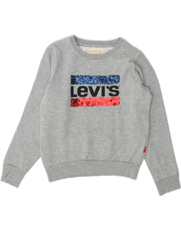 LEVI'S Girls Crop Graphic Sweatshirt Jumper 7-8 Years Grey Cotton Hoodie with Strings Custom Fit Adjustable