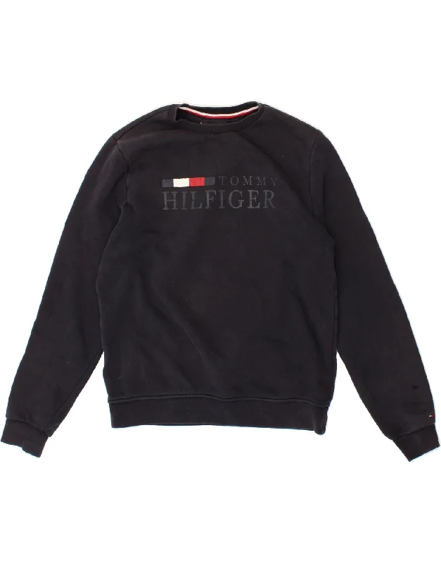 TOMMY HILFIGER Mens Graphic Sweatshirt Jumper Small Navy Blue Hoodie with Slit Hem Functional Movement