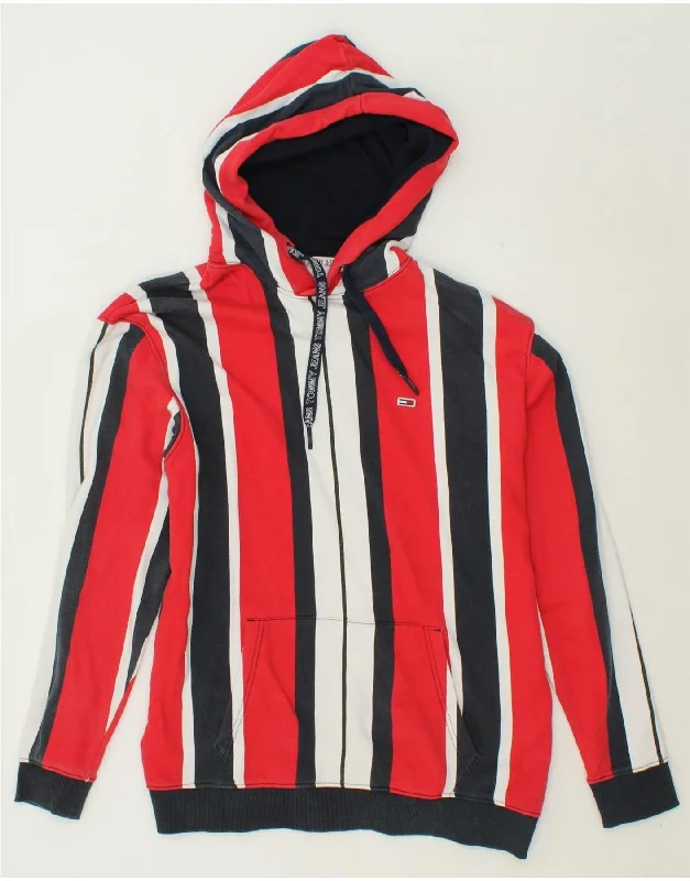 TOMMY HILFIGER Mens Hoodie Jumper Medium Red Striped Cotton Hoodie with Oversized Fit Loose Comfortable