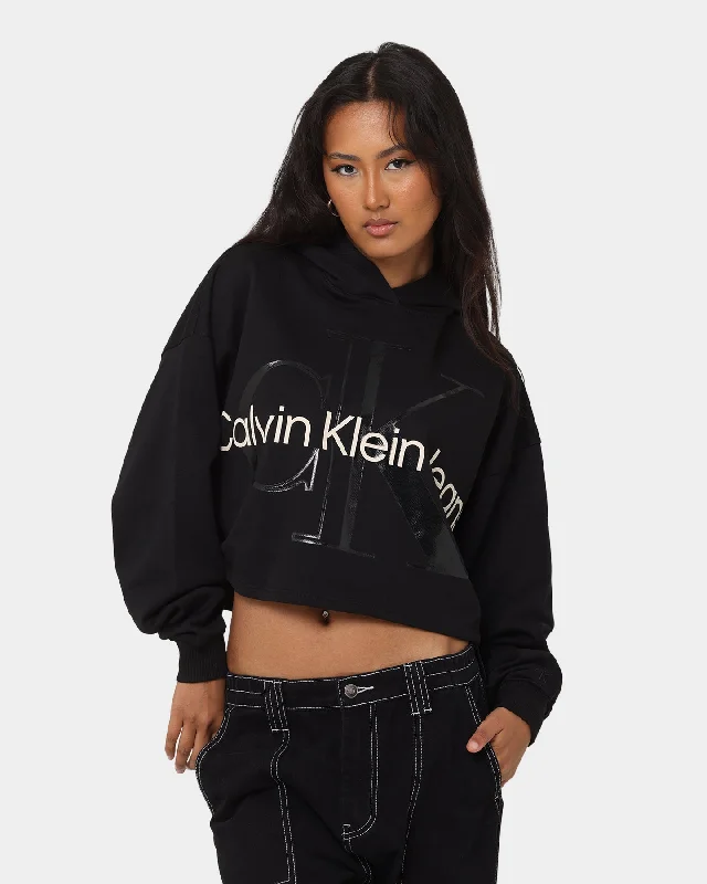 Calvin Klein Women's Glossy Monogram Hoodie CK Black Hoodie with Ribbed Cuffs Snug Fit Comfort