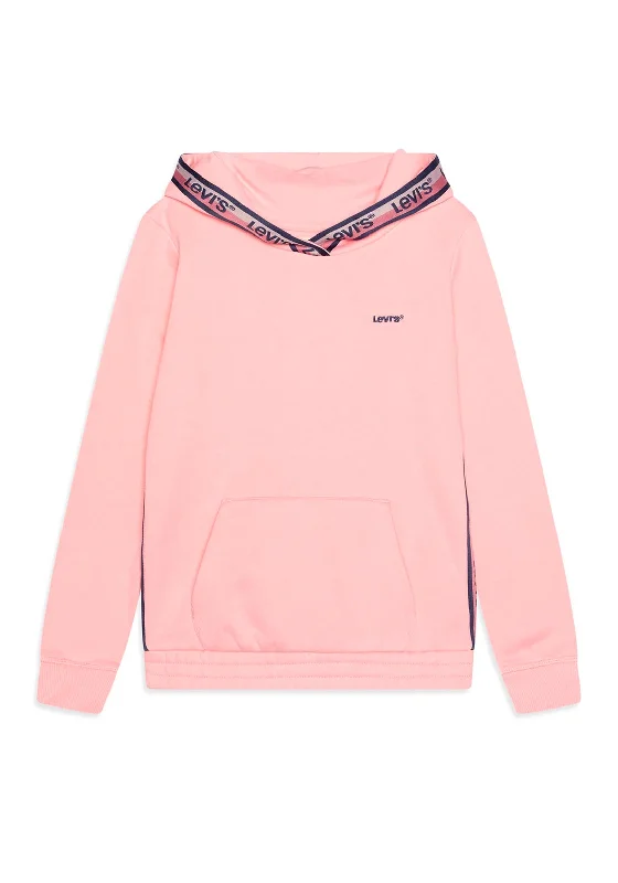 Levis Girls Tape Logo Long Sleeve Hoodie, Pink Icing Hoodie with Hem Contrast Bold Stylish