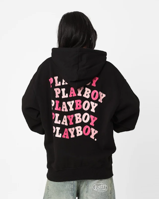 Playboy Wavy Stack Hoodie Black Hoodie with Elastic Waist Stretchable Comfortable