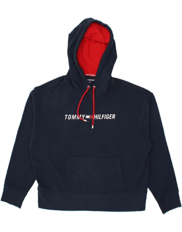 TOMMY HILFIGER Womens Oversized Hoodie Jumper UK 14 Medium Navy Blue Hoodie with Embroidery Detailed Premium