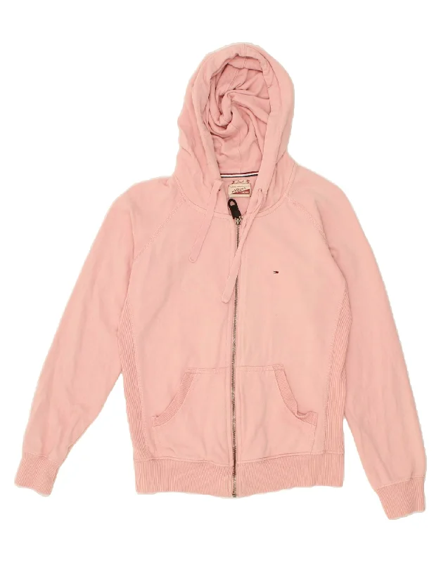 TOMMY HILFIGER Womens Oversized Zip Hoodie Sweater UK 10 Small Pink Cotton Hoodie with Set-In Sleeves Structured Classic