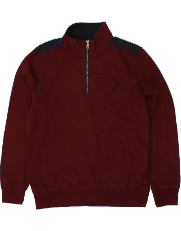 NAUTICA Mens Zip Neck Sweatshirt Jumper Large Burgundy Colourblock Hoodie with Elastic Waist Stretchable Comfortable