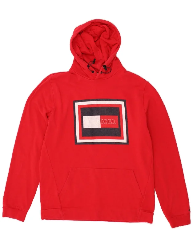 TOMMY HILFIGER Mens Graphic Hoodie Jumper XL Red Cotton Hoodie Sweatshirt Pullover