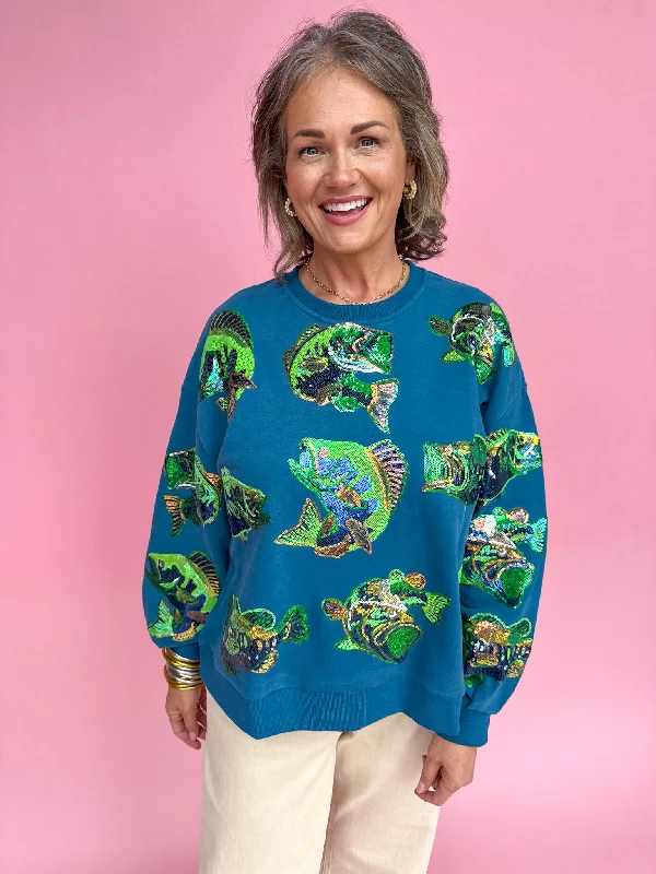 QUEEN OF SPARKLES | Teal Bass Fish Sweatshirt Hoodie with Hem Ribbing Snug Secure