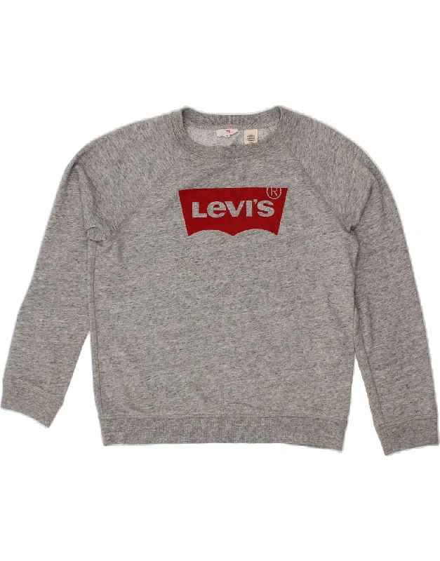 LEVI'S Mens Graphic Sweatshirt Jumper Small Grey Flecked Cotton Hoodie with Camouflage Military Edgy