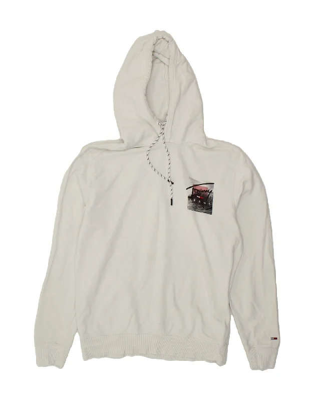 TOMMY HILFIGER Mens Graphic Hoodie Jumper Large White Cotton Hoodie with Fur Luxurious Winter