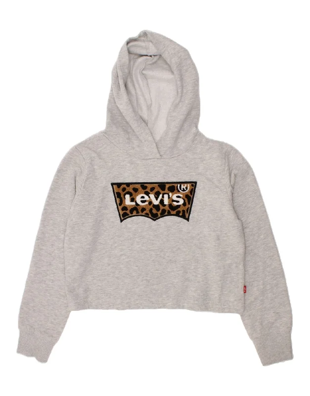 LEVI'S Girls Crop Graphic Hoodie Jumper 10-11 Years Medium Grey Cotton Hoodie with Thumb Holes Functional Cozy