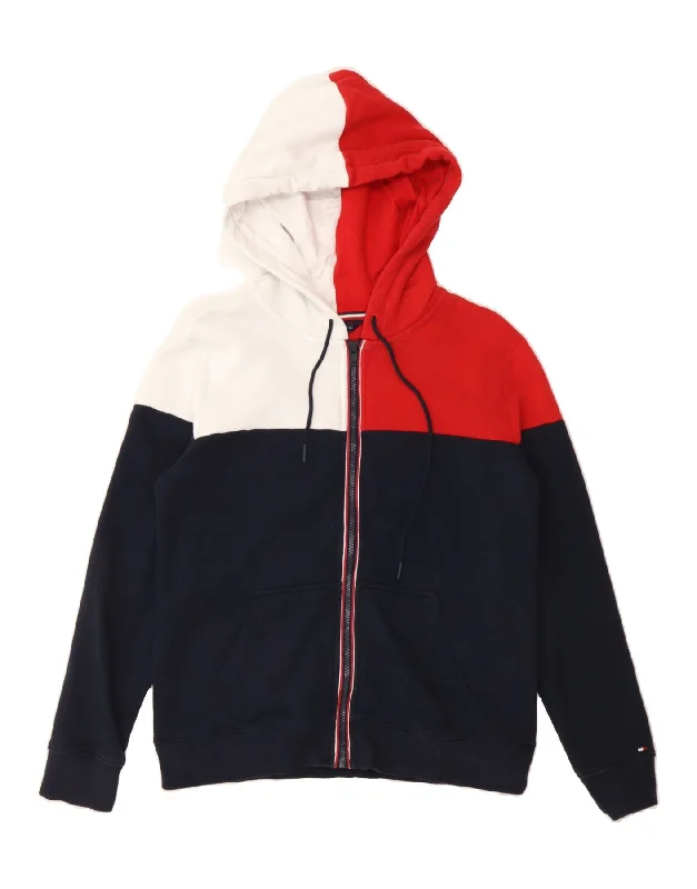 TOMMY HILFIGER Womens Zip Hoodie Sweater UK 10 Small Navy Blue Colourblock Hoodie with Hem Applique Textured Unique