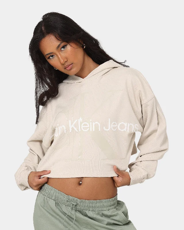 Calvin Klein Women's Glossy Monogram Hoodie Eggshell Hoodie with Patch Decorative Personalized