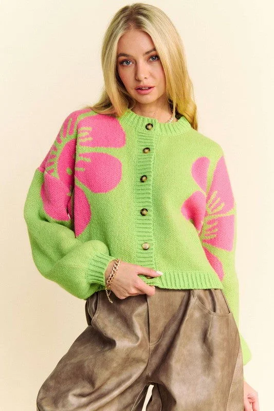 Davi & Dani Flower Contrast Round Neck Long Sleeve Cardigan In Lime Wool Fabric Cashmere Fabric Tweed Fabric