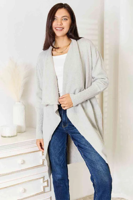 Darcie Double Take Open Front Duster Cardigan with Pockets Collared Crew Neck Turtle Neck