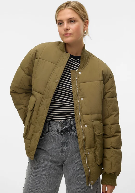 Vero Moda Jennie Padded Jacket, Green Boat Neck Shawl Collar Notched Collar