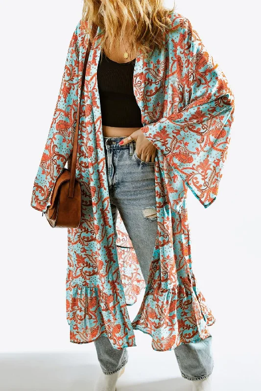 Hazel Blues® |  Printed Open Front Duster Cardigan Elasticated Padded Insulated