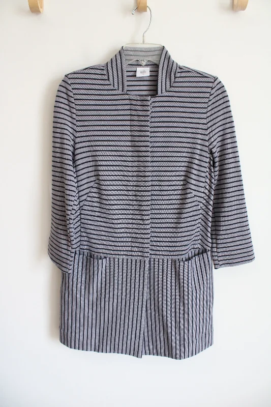 Cabi Navy Blue White Striped Car Coat Jacket | S Welt Pockets Slit Pockets Flap Pockets