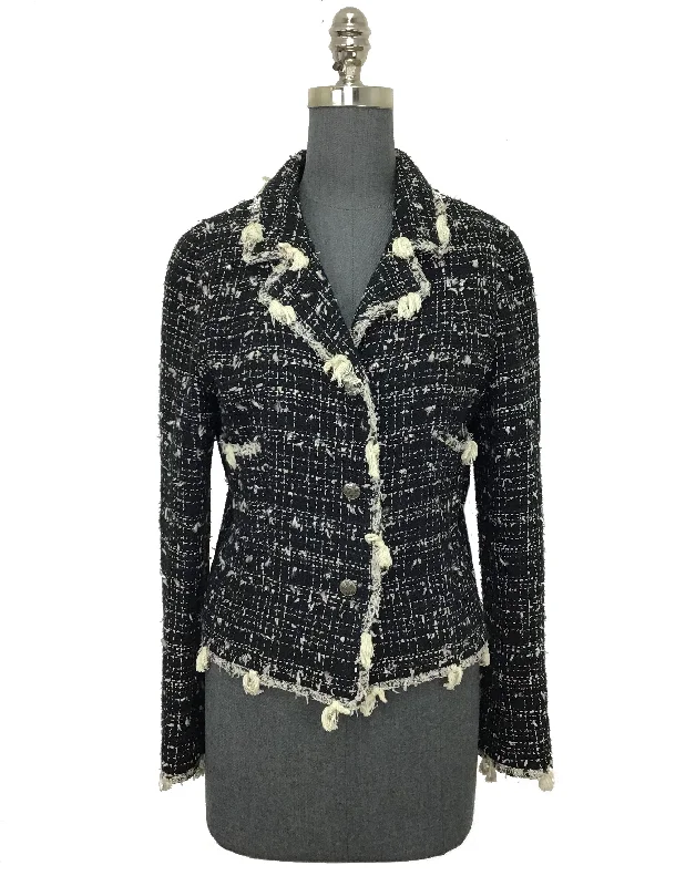 Chanel Textured Tweed Jacket with Fringe Size M Wool Jacket Cashmere Jacket Tweed Jacket