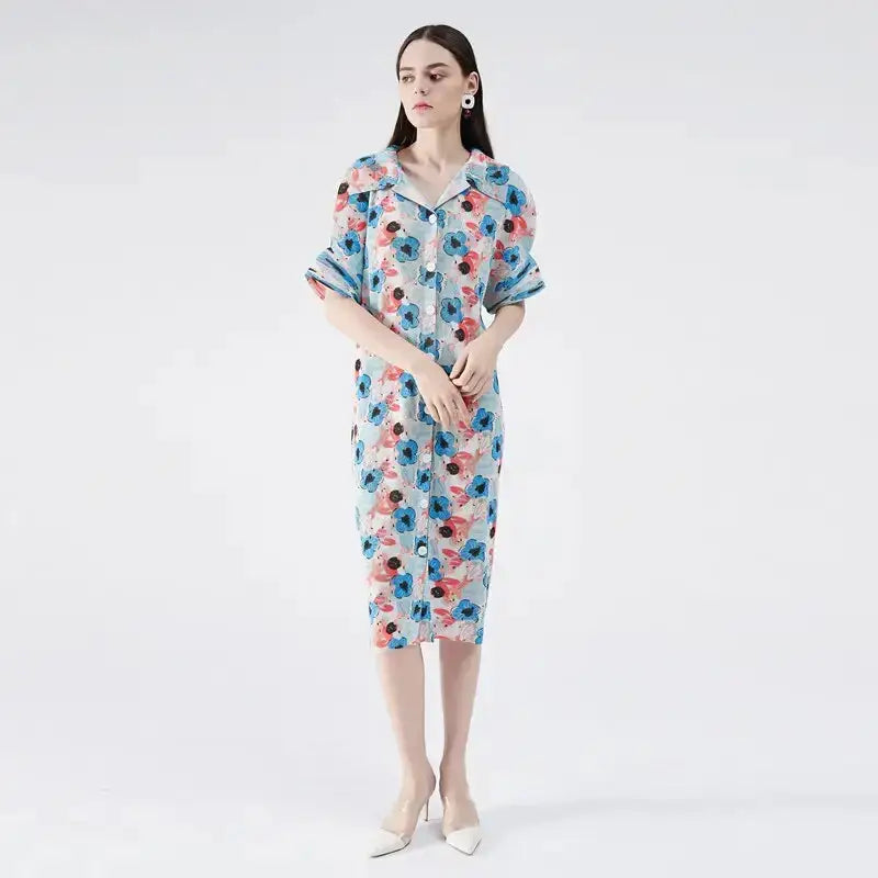 Miyake pleated flower dress spring summer cardigan women flare sleeve Hooded Cardigan Collared Cardigan Shawl Collar