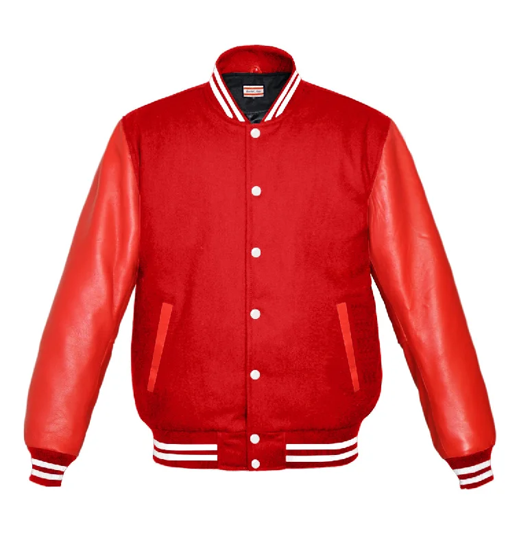 Original American Varsity Real Red Leather Letterman College Baseball Women Wool Jackets #RSL-WSTR-WB Stand-Up Collar Roll-Neck Collar Turtle Neck