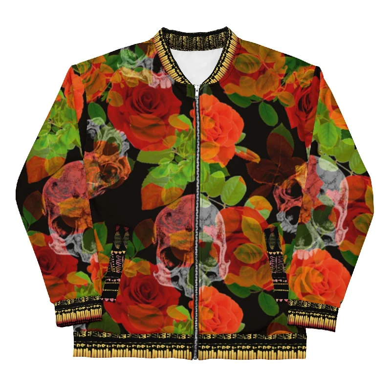 ROSE AND SKULL Unisex Bomber Jacket Collared Jacket Crew Neck Jacket Turtle Neck Jacket