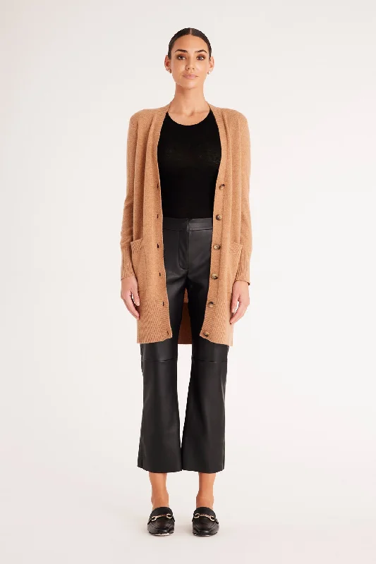 Cashmere Drape Cardigan - Camel Ribbed Striped Patterned