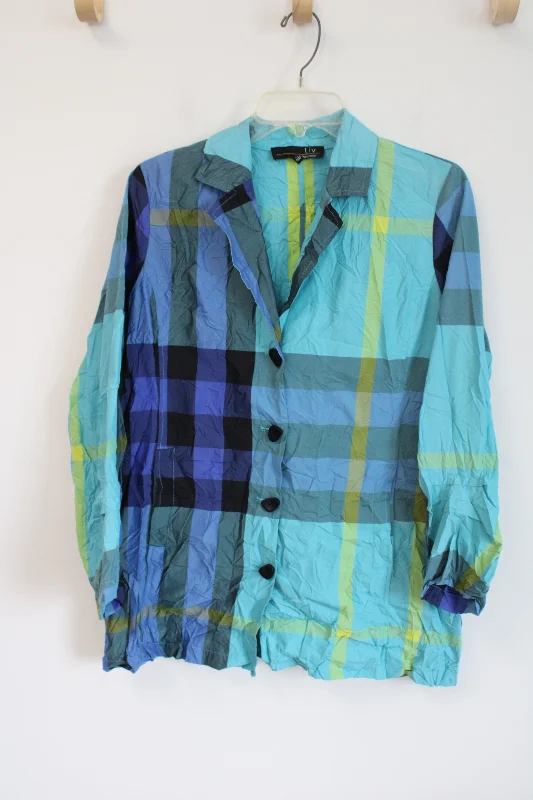 NEW Liv Blue & Green Plaid Windbreaker Jacket | XS Satin Jacket Silk Jacket Chiffon Jacket