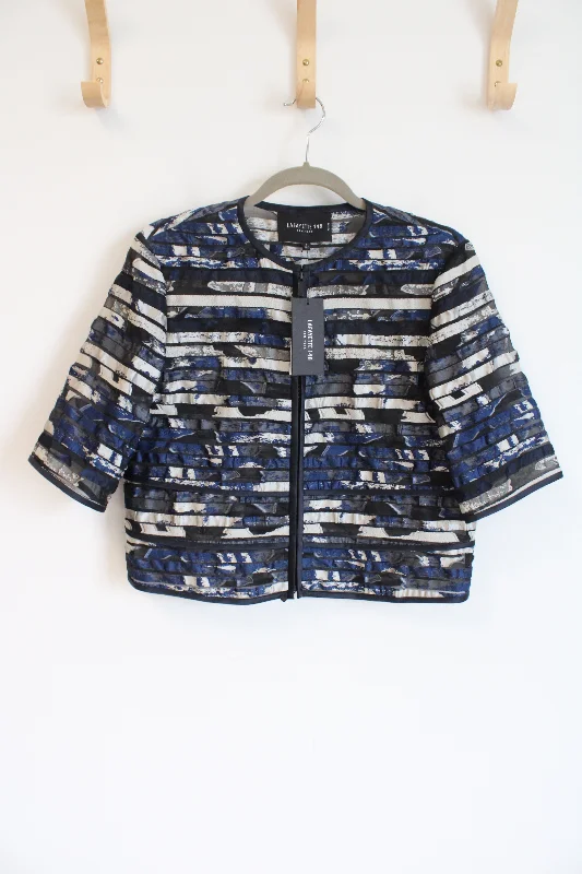 NEW Lafayette 148 New York Blue Multi Patterned Sheer Summer Jacket | S Welt Pockets Slit Pockets Flap Pockets