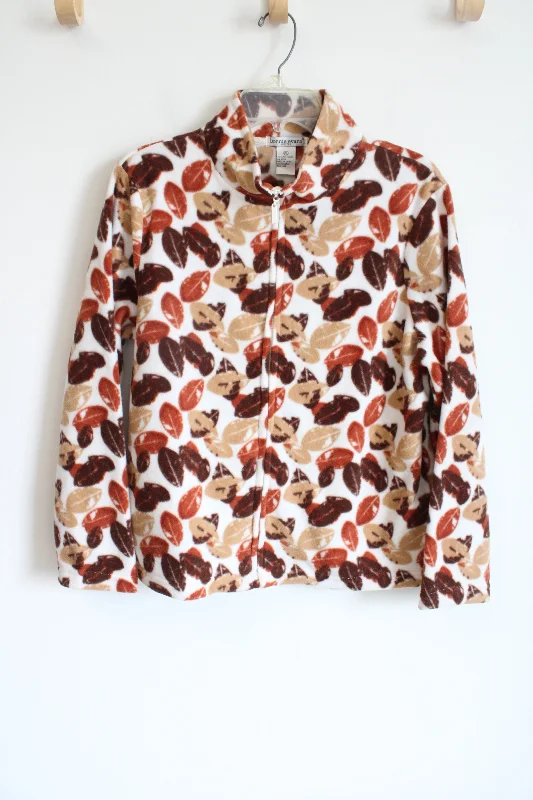 Bonnie Evans Brown Leaf Patterned Fleece Jacket | L Petite Notch Collar Peter Pan Collar Cowl Neck