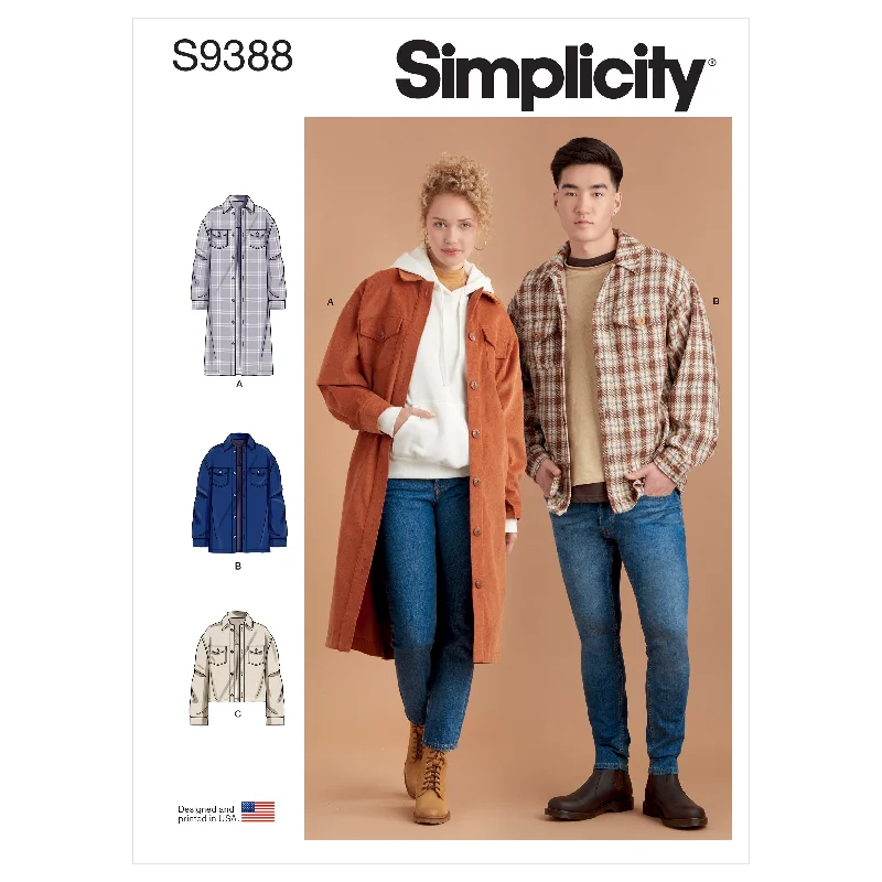 Simplicity Pattern 9388 Unisex Shirt Jackets Toggled Jacket Drawstring Jacket Belted Jacket