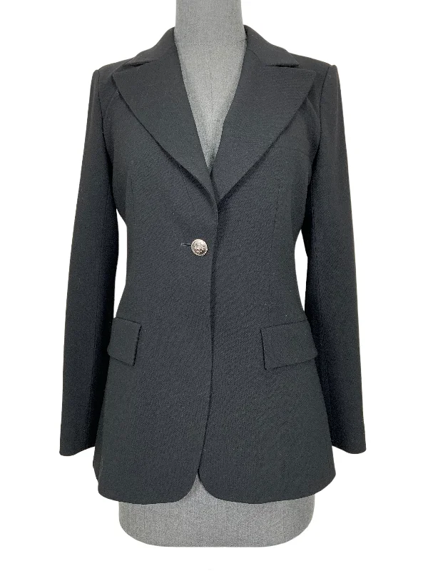 CHANEL 08A Classic Wool Blazer Jacket with Lion Button Size M Front Pockets Side Pockets Patch Pockets