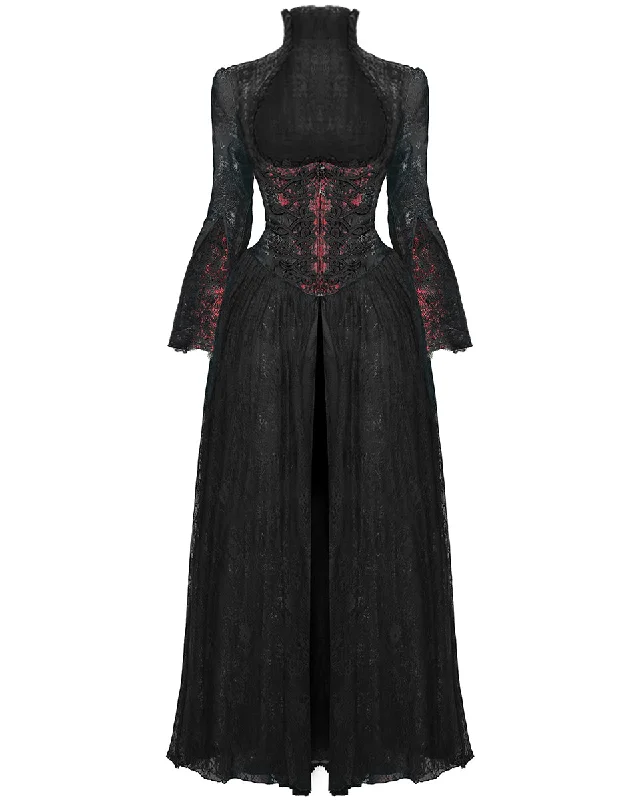 Eva Lady Long Gothic Jacquard & Lace Dress Jacket - Black & Red Wool Fabric Cashmere Fabric Tweed Fabric