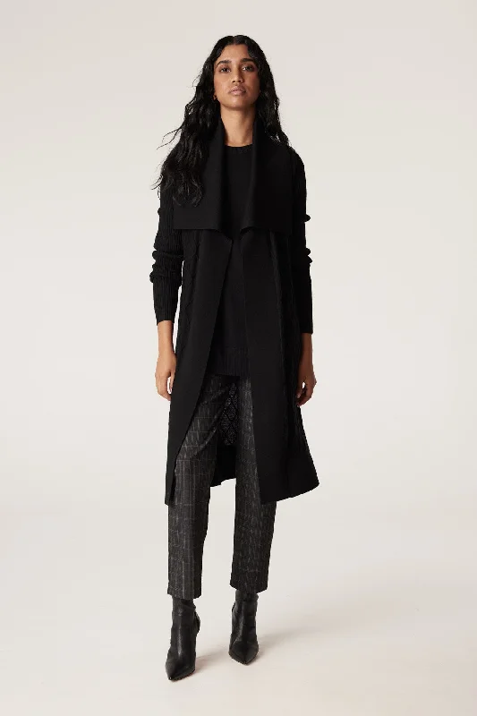 Merino Long Wrap Cardigan - Black Print Jacquard Patchwork