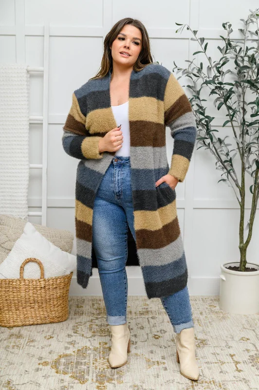 Hazel Blues® | Fuzzy Longline Cardigan In Blue & Cocoa Cashmere Blend Cotton Blend Poly Blend