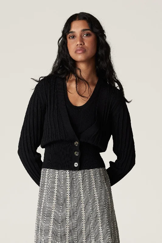 Crepe Pleat Cardigan - Black Herringbone Houndstooth Plaid