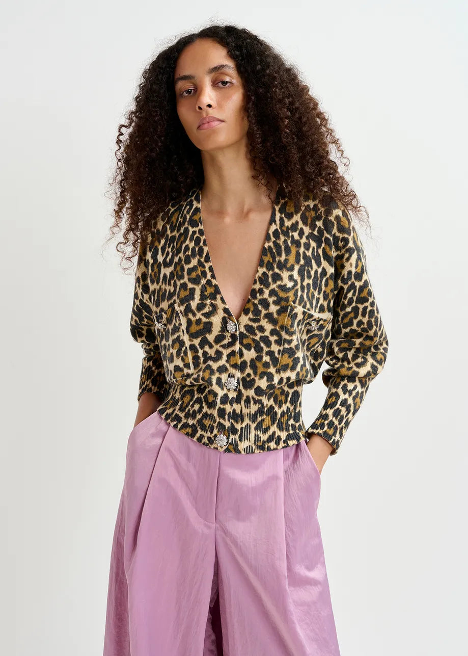 ESSENTIEL Leopard Cardigan Notch Collar Peter Pan Collar Cowl Neck