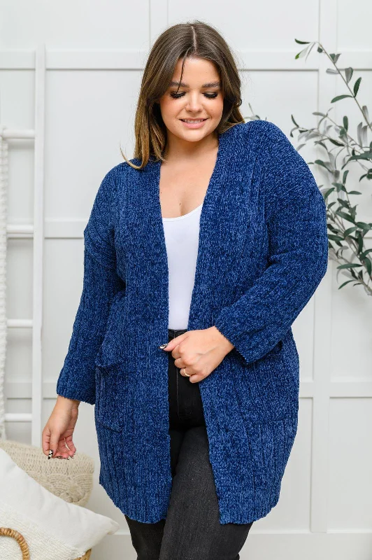 Hazel Blues® | Mountain Mornings Cardigan In Navy Satin Blend Silk Blend Wool Blend