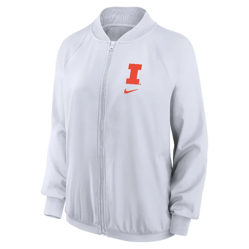 Illinois Fighting Illini Women's Nike White Bomber Jacket Snapped Jacket Toggled Jacket Drawstring Jacket