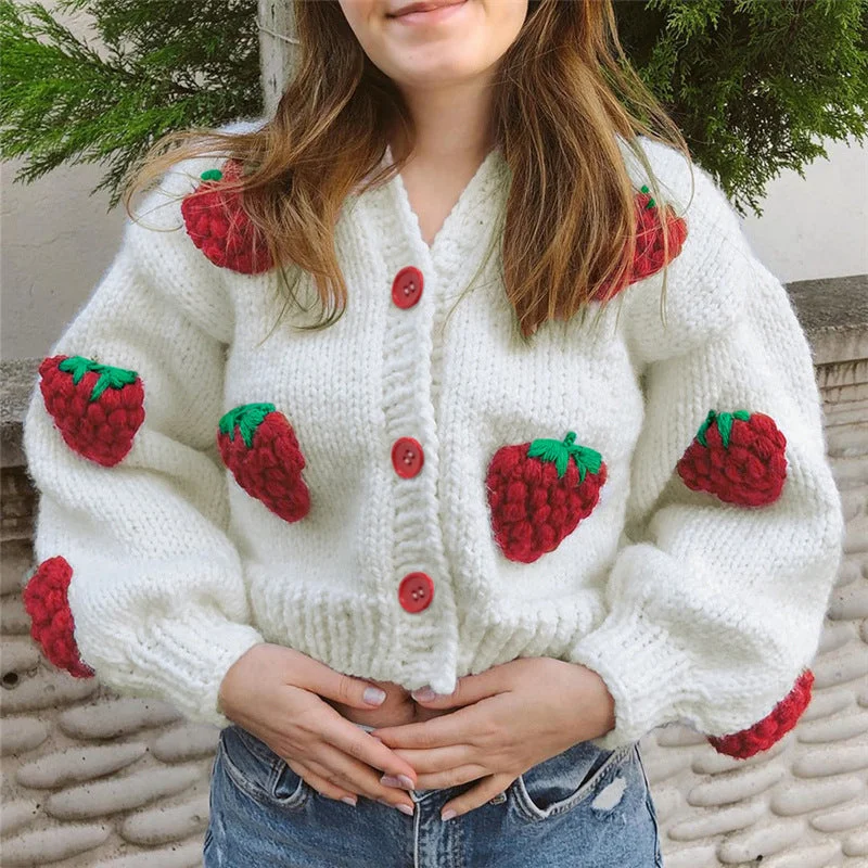 Sweet Strawberry V-neck Cardigan: Cozy Elegance Glossy Satin Silk