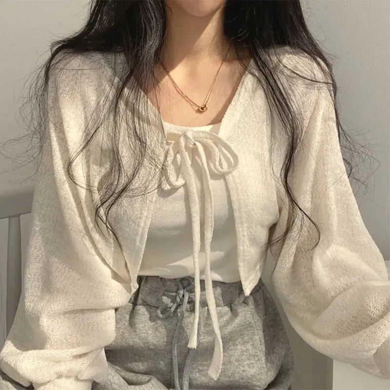 White Knitted Cardigan Women Summer Thin Sunscreen Lace-Up Knitwear Tops Female Lantern Sleeve Short Coat Elasticated Padded Insulated