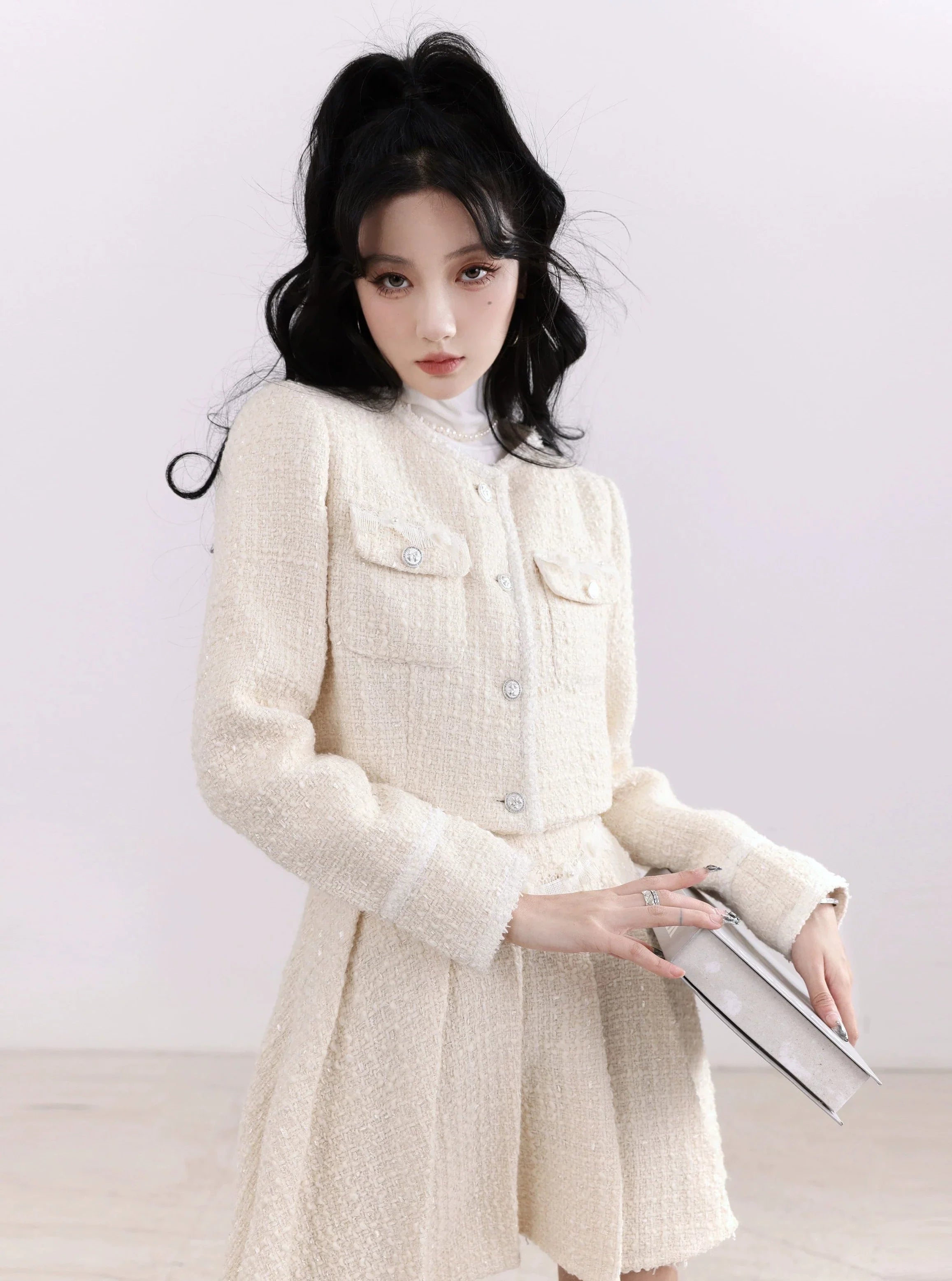 Chanel-Inspired Tweed Crop Jacket and Pleated Skirt Set - Ivory Elegance Faux Fur Fabric Real Fur Fabric Shearling Fabric