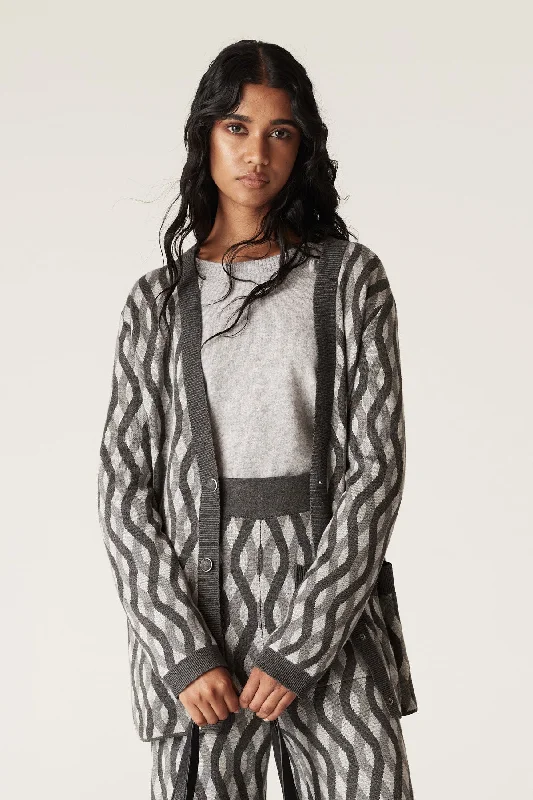 Franklin Jacquard Cardigan - Charcoal Satin Blend Silk Blend Wool Blend