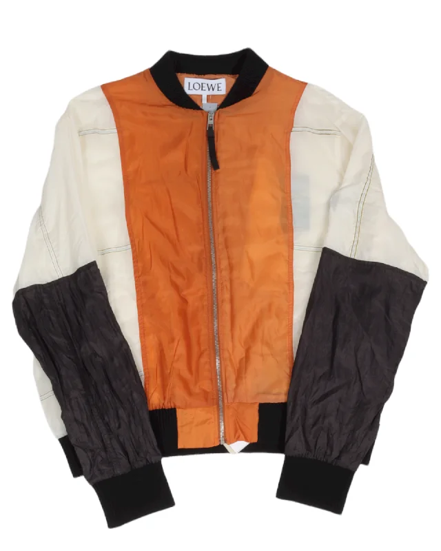 Nylon Color-Blocked Bomber Jacket Zip Front Button Front Snap Front