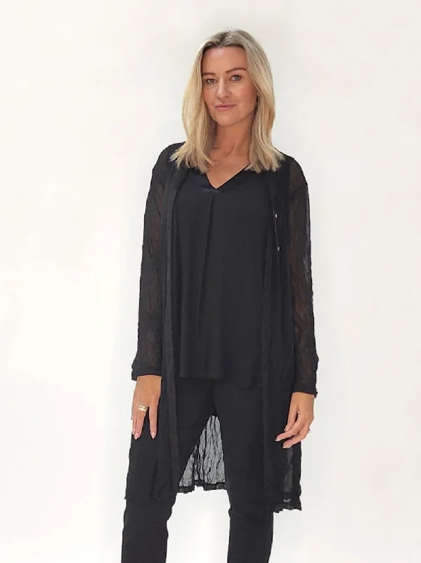 Sophia Crushed Mesh Cardigan - Black Lightweight Heavyweight Midweight