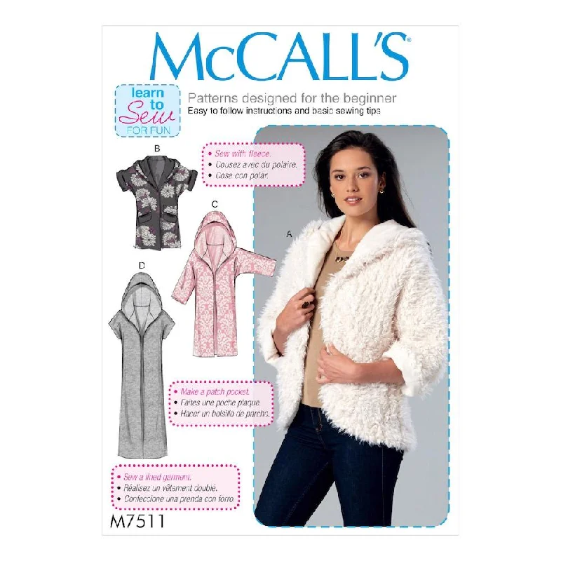 McCall's Pattern M7511 Misses' Open-Front Jackets with Shawl Collar and Hood Striped Jacket Polka Dot Jacket Floral Jacket