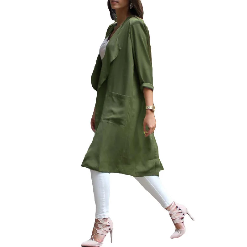 Fashion Chiffon Cardigan Trench Coat for Women Waterfall Open Front Pocket Long Sleeve Thin Coat Blouse Manteau Femme Green Layered Multi-layer Single Layer