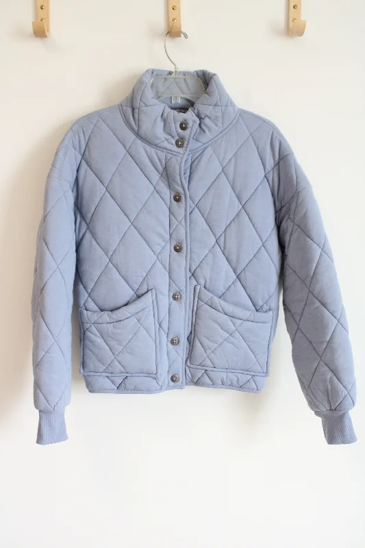 Wild Fable Blue Quilted Jacket | XS A-Line Jacket Boat Neck Shawl Collar