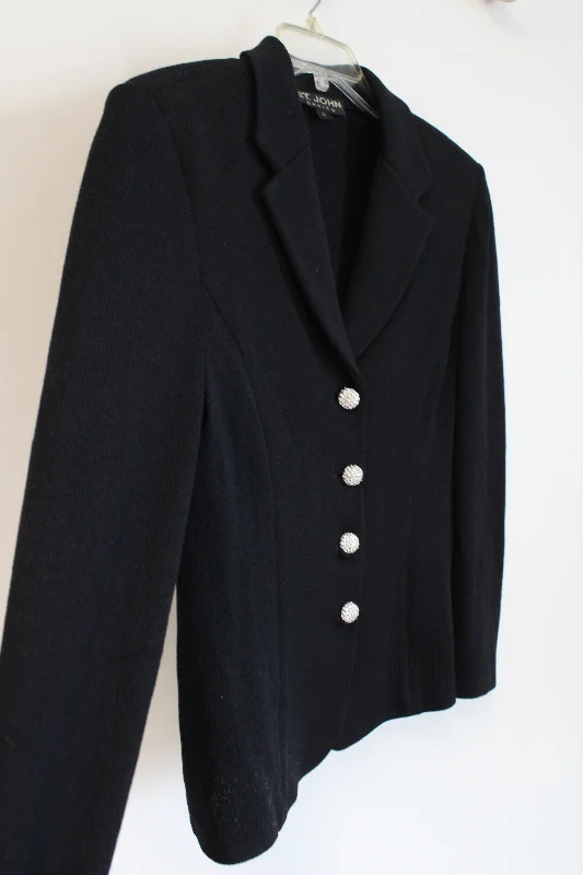 St. John Basics Black Knit Blazer Jacket | 8 Appliqued Jacket Beaded Jacket Sequined Jacket