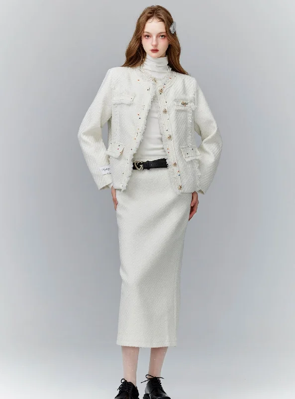 Elegant Ivory Tweed Set: Cropped Boucle Jacket & High-Waisted Midi Pencil Skirt Denim Jacket Leather Jacket Suede Jacket