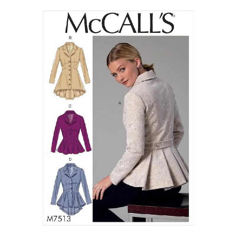 McCall's Pattern M7513 Misses' Notch-Collar, Peplum Jackets Print Jacket Jacquard Jacket Embroidered Jacket